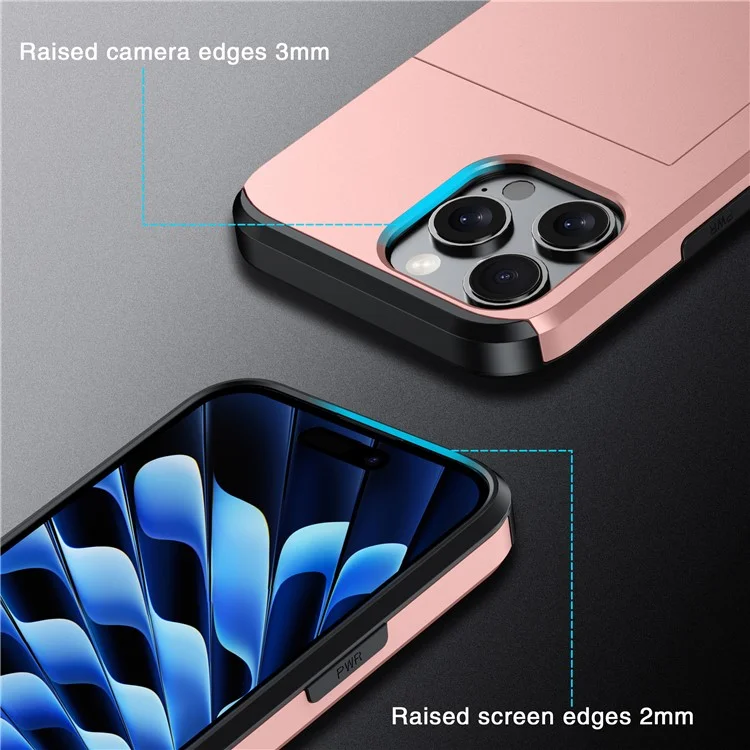 Para iPhone 16 Pro Max Case TPU + PC Capa de Telefone Protetora com Porta-Cartão - Rose Gold