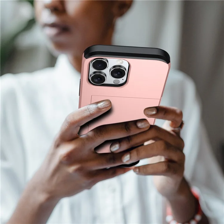 Para iPhone 16 Pro Max Case TPU + PC Capa de Telefone Protetora com Porta-Cartão - Rose Gold
