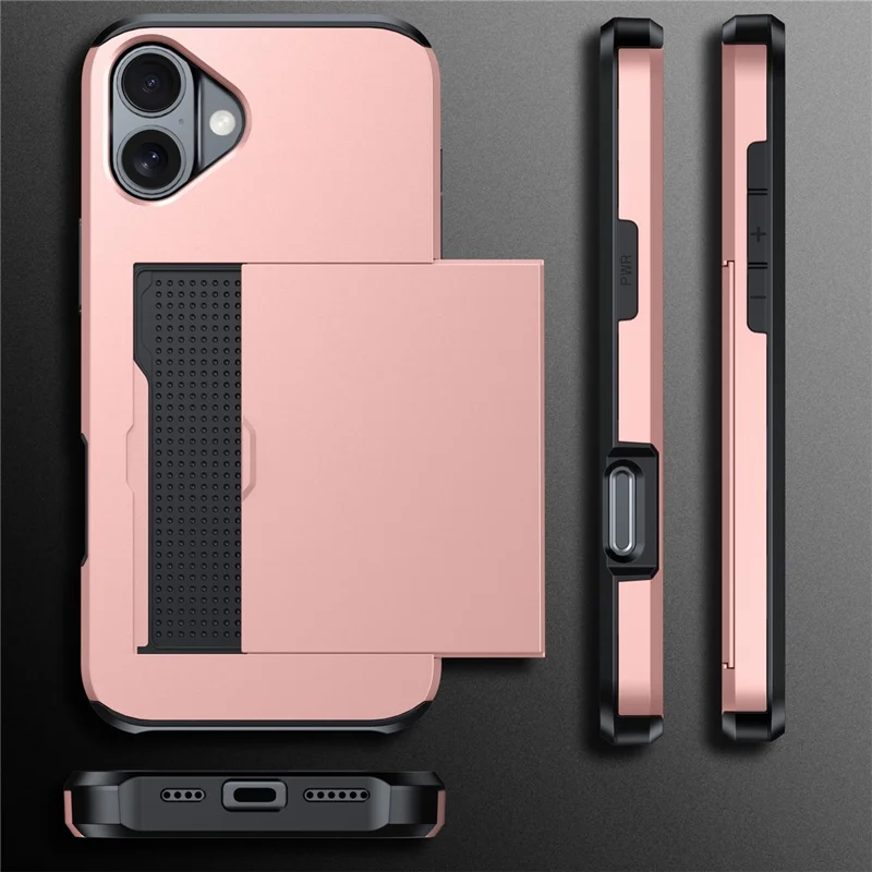 For  iPhone 16 Case Dual Layer TPU + PC Phone Cover with Sliding Card Slot - Grey
