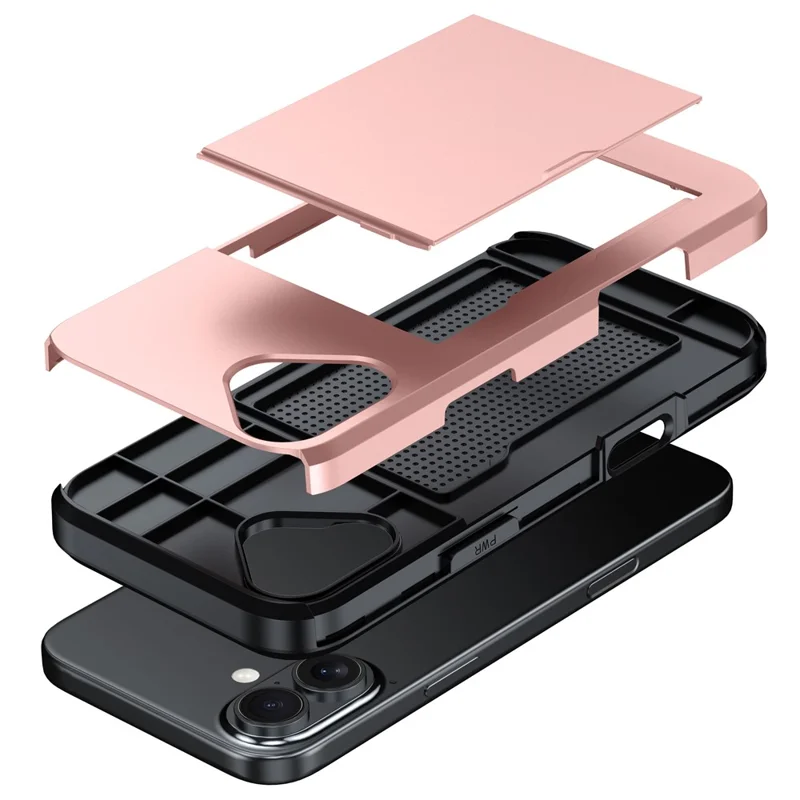 For  iPhone 16 Case Dual Layer TPU + PC Phone Cover with Sliding Card Slot - Grey