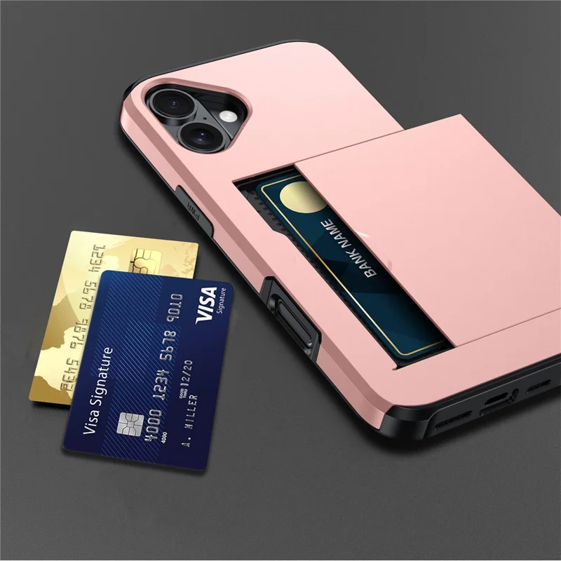 For  iPhone 16 Case Dual Layer TPU + PC Phone Cover with Sliding Card Slot - Grey