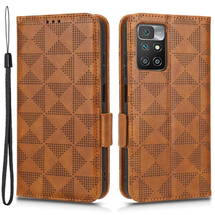Pour Xiaomi Redmi 10 5G / Redmi Note 11e 5G / Redmi 10 Prime + 5G Triangle Modèle Imprimé Portage Flip Portefeuille pu le Cuir Téléphone Avec Sangle - Brun