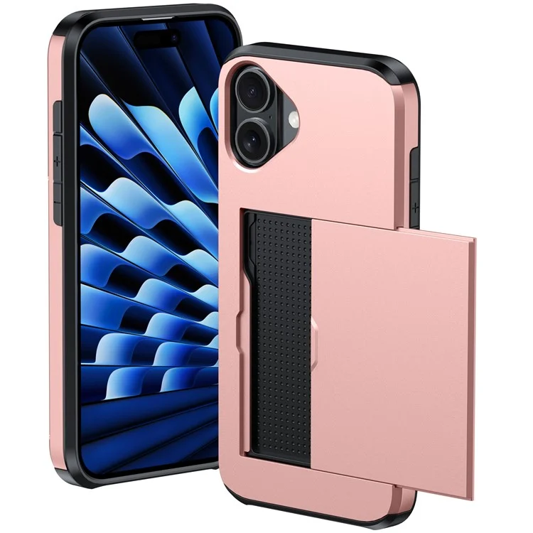 Per iPhone 16 Plus Case con porta carte di credito TPU + PC Custodia per telefono a doppio strato antiurto - Rose Gold