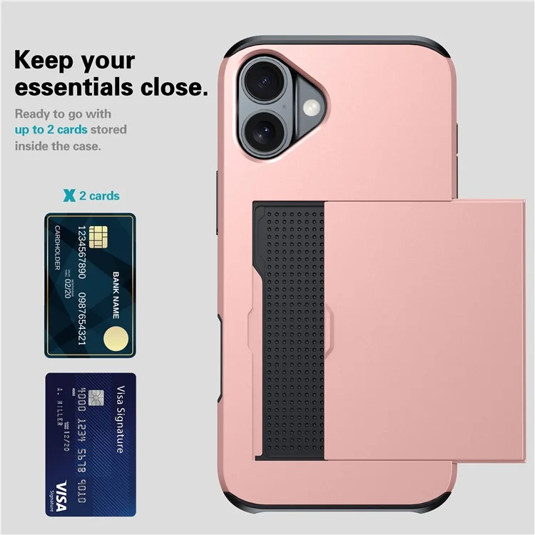 Per iPhone 16 Plus Case con porta carte di credito TPU + PC Custodia per telefono a doppio strato antiurto - Rose Gold