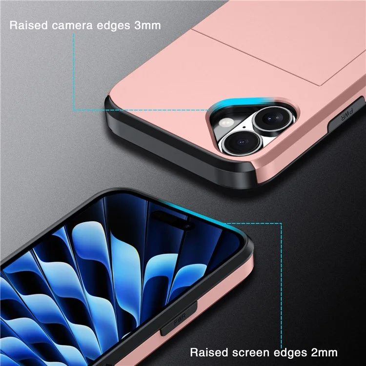 Per iPhone 16 Plus Case con porta carte di credito TPU + PC Custodia per telefono a doppio strato antiurto - Rose Gold