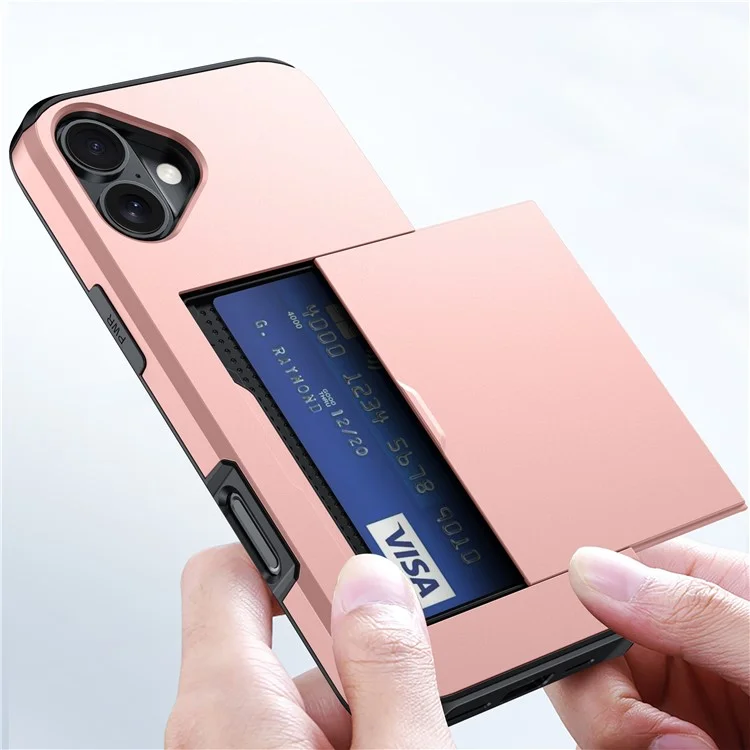 Per iPhone 16 Plus Case con porta carte di credito TPU + PC Custodia per telefono a doppio strato antiurto - Rose Gold