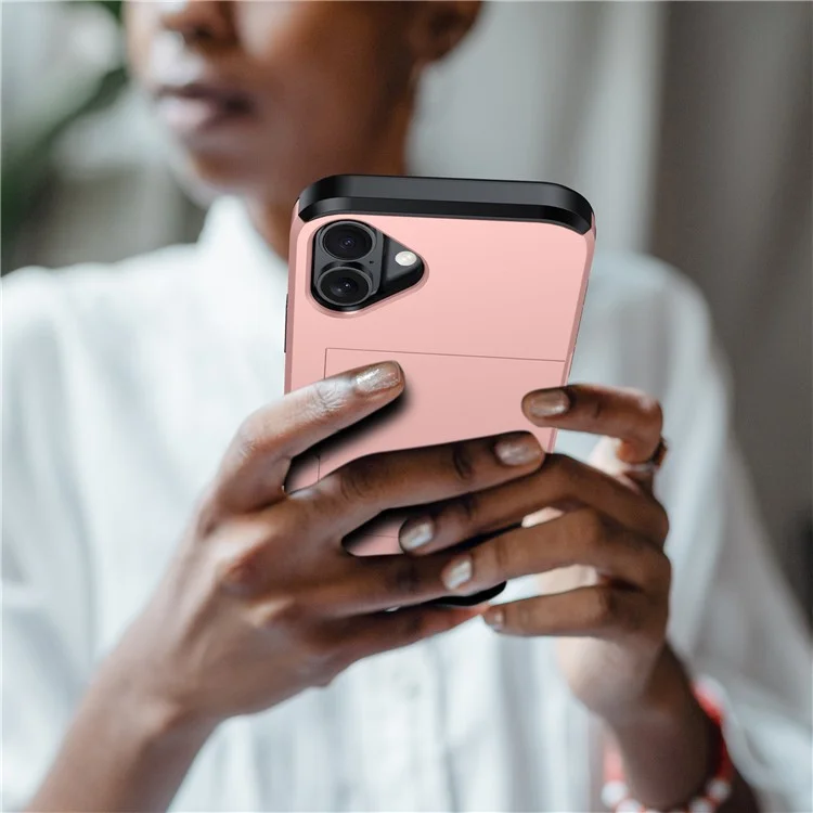 Per iPhone 16 Plus Case con porta carte di credito TPU + PC Custodia per telefono a doppio strato antiurto - Rose Gold