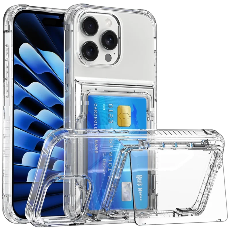 For iPhone 16 Pro Clear Case Kickstand Card Holder PC+TPU Phone Cover - Transparent