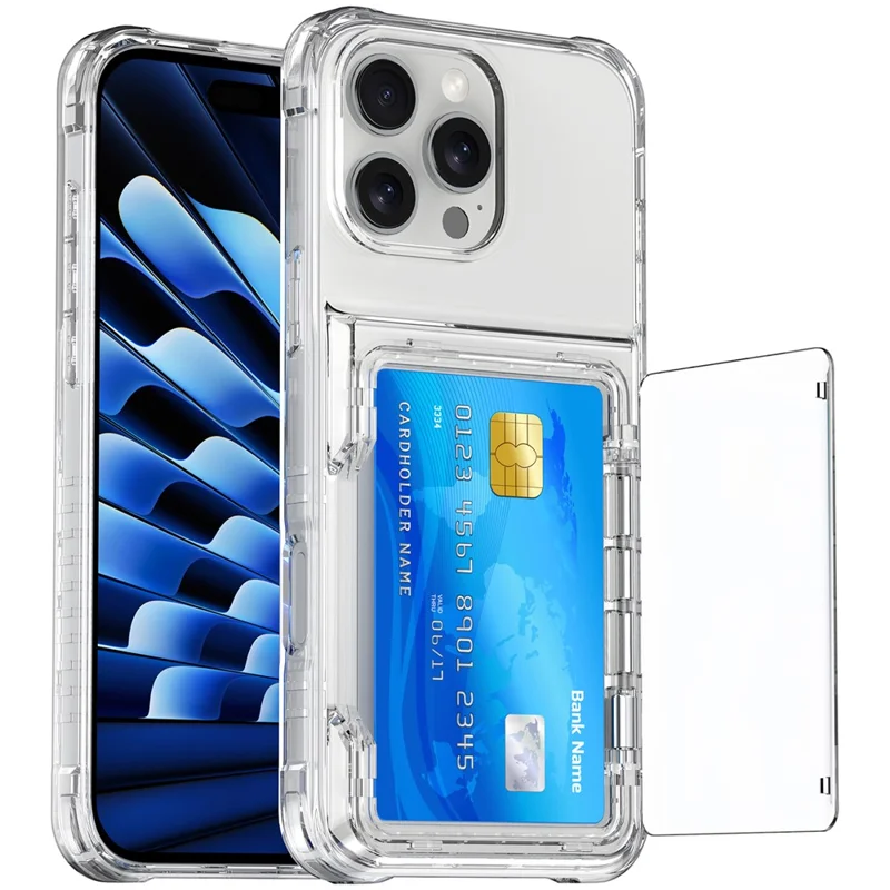 For iPhone 16 Pro Clear Case Kickstand Card Holder PC+TPU Phone Cover - Transparent