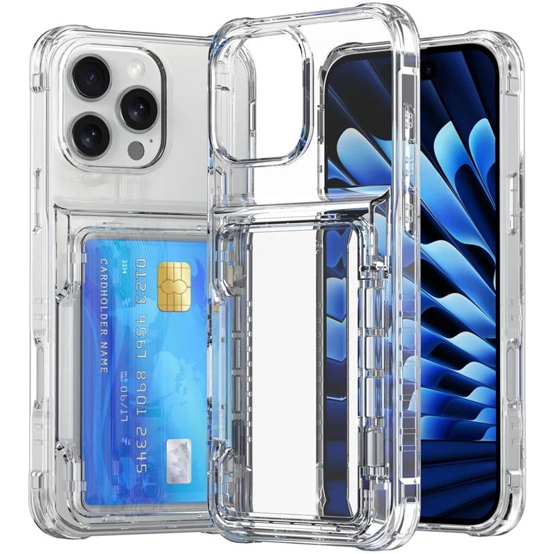 For iPhone 16 Pro Clear Case Kickstand Card Holder PC+TPU Phone Cover - Transparent
