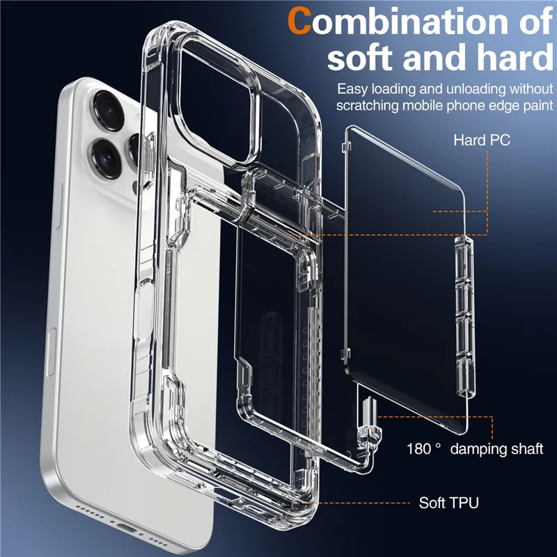 For iPhone 16 Pro Clear Case Kickstand Card Holder PC+TPU Phone Cover - Transparent
