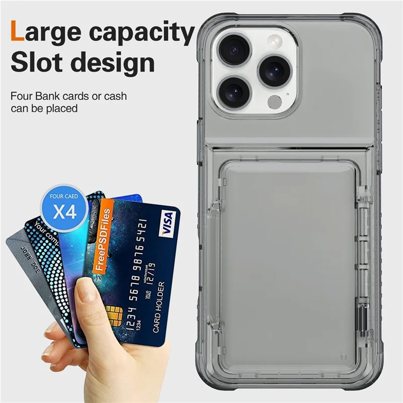 For iPhone 16 Pro Max Clear Case PC+TPU Phone Cover Card Holder Kickstand - Transparent Black