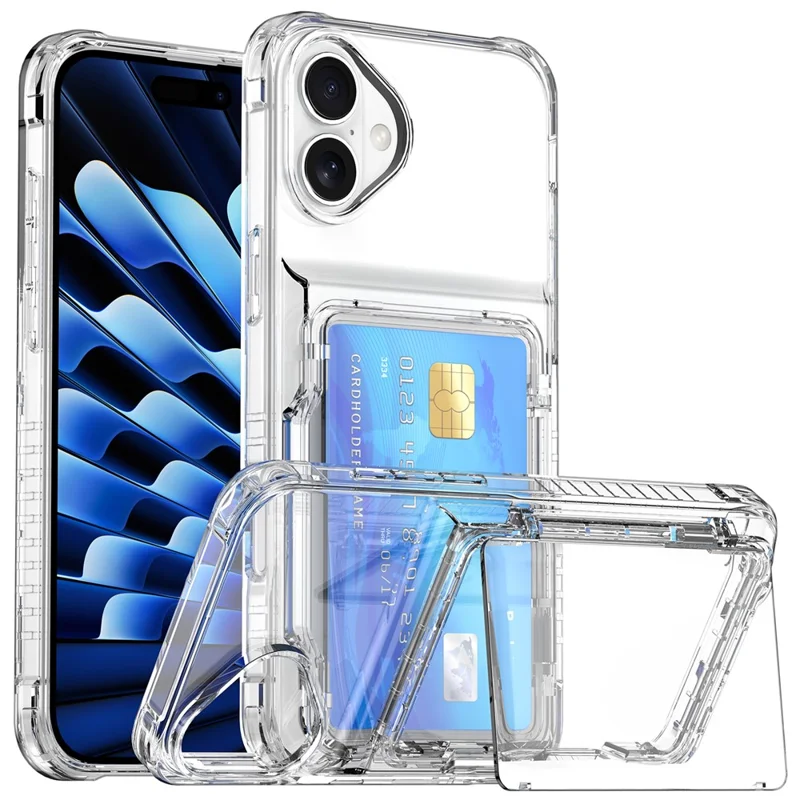 For iPhone 16 Plus Case PC+TPU Clear Phone Cover Card Holder Kickstand - Transparent