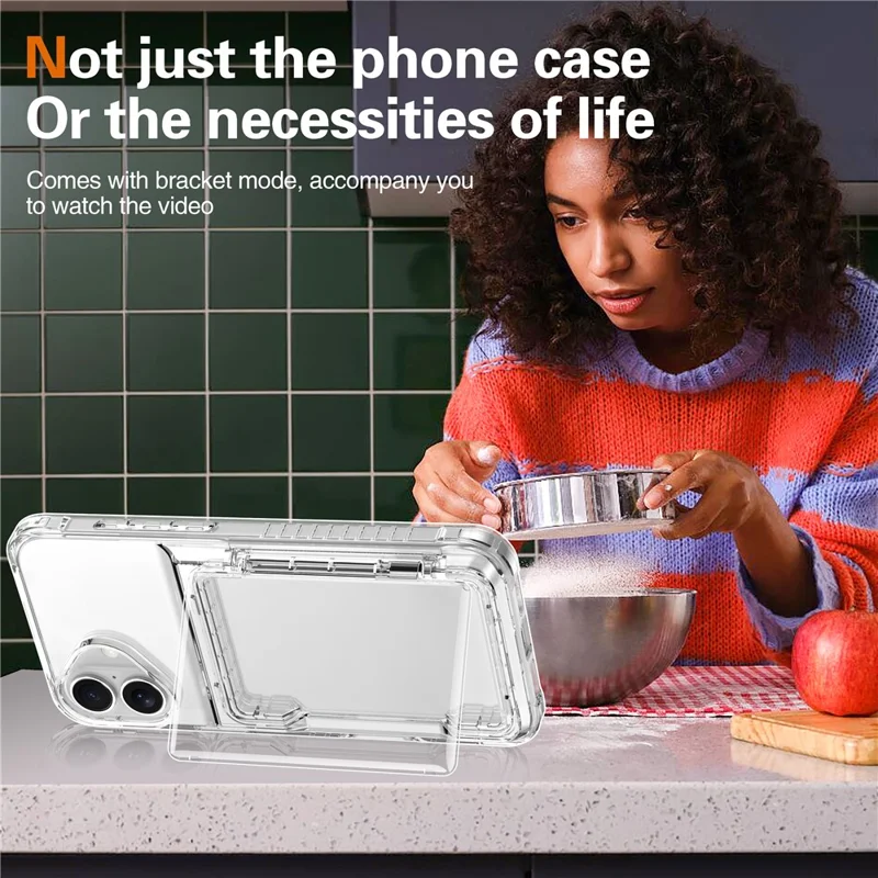 For iPhone 16 Plus Case PC+TPU Clear Phone Cover Card Holder Kickstand - Transparent