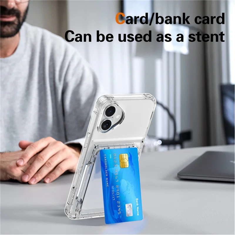 For iPhone 16 Plus Case PC+TPU Clear Phone Cover Card Holder Kickstand - Transparent