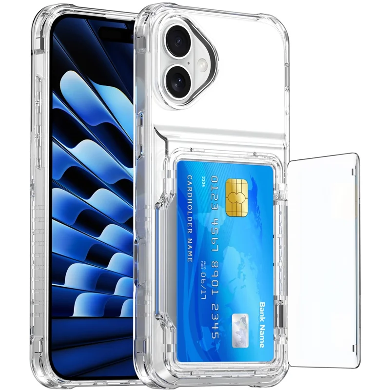 For iPhone 16 Plus Case PC+TPU Clear Phone Cover Card Holder Kickstand - Transparent