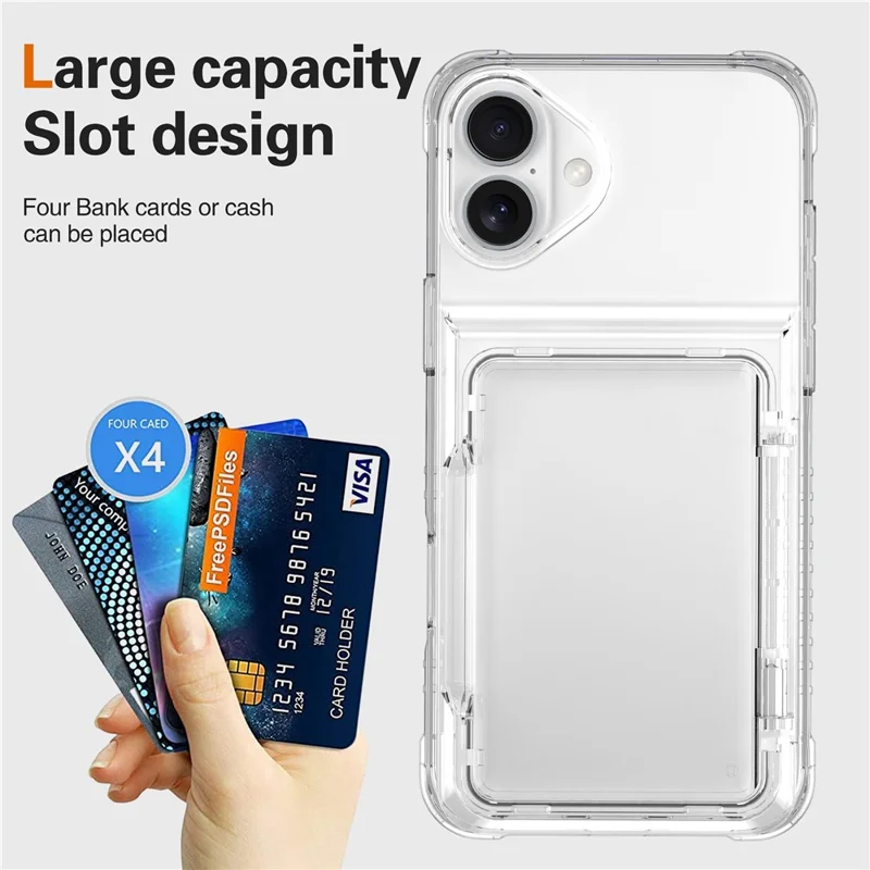 For iPhone 16 Plus Case PC+TPU Clear Phone Cover Card Holder Kickstand - Transparent