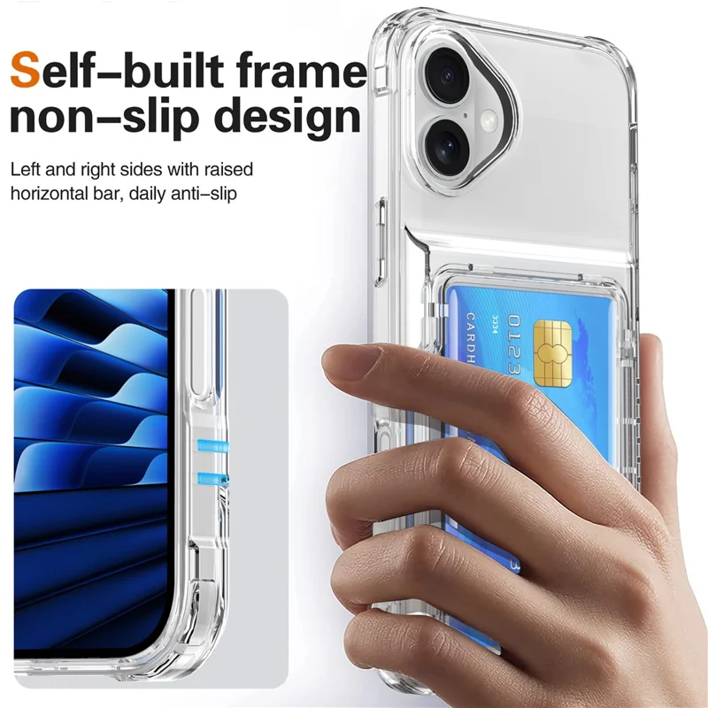 For iPhone 16 Plus Case PC+TPU Clear Phone Cover Card Holder Kickstand - Transparent