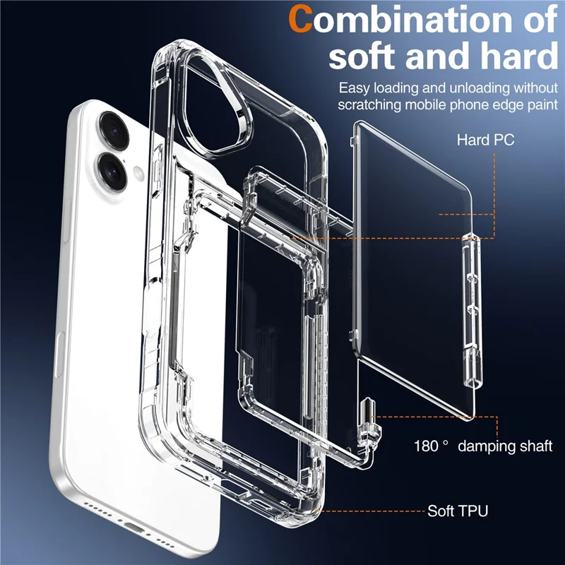 For iPhone 16 Plus Case PC+TPU Clear Phone Cover Card Holder Kickstand - Transparent