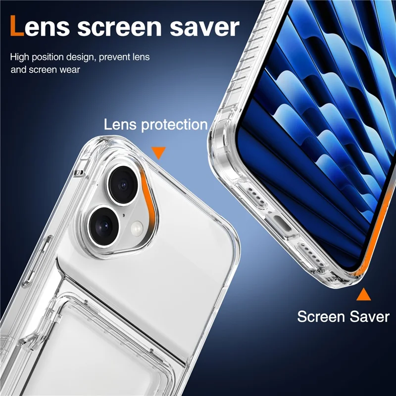 For iPhone 16 Plus Case PC+TPU Clear Phone Cover Card Holder Kickstand - Transparent