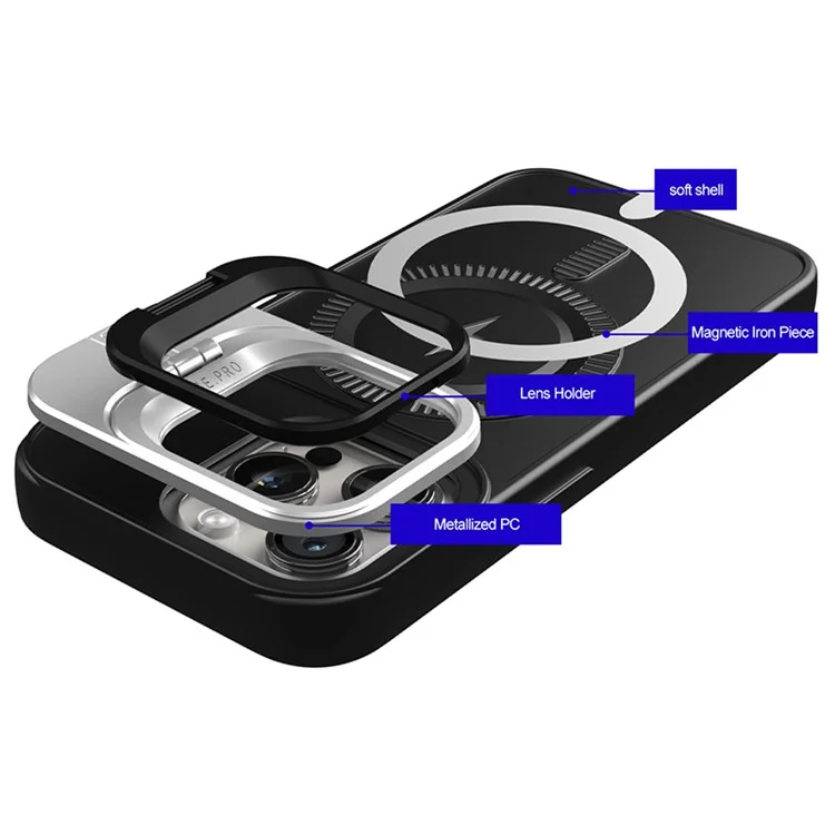 Étui pour iPhone 14 Pro Case Lens Frame Kickstand PC+TPU - Noir