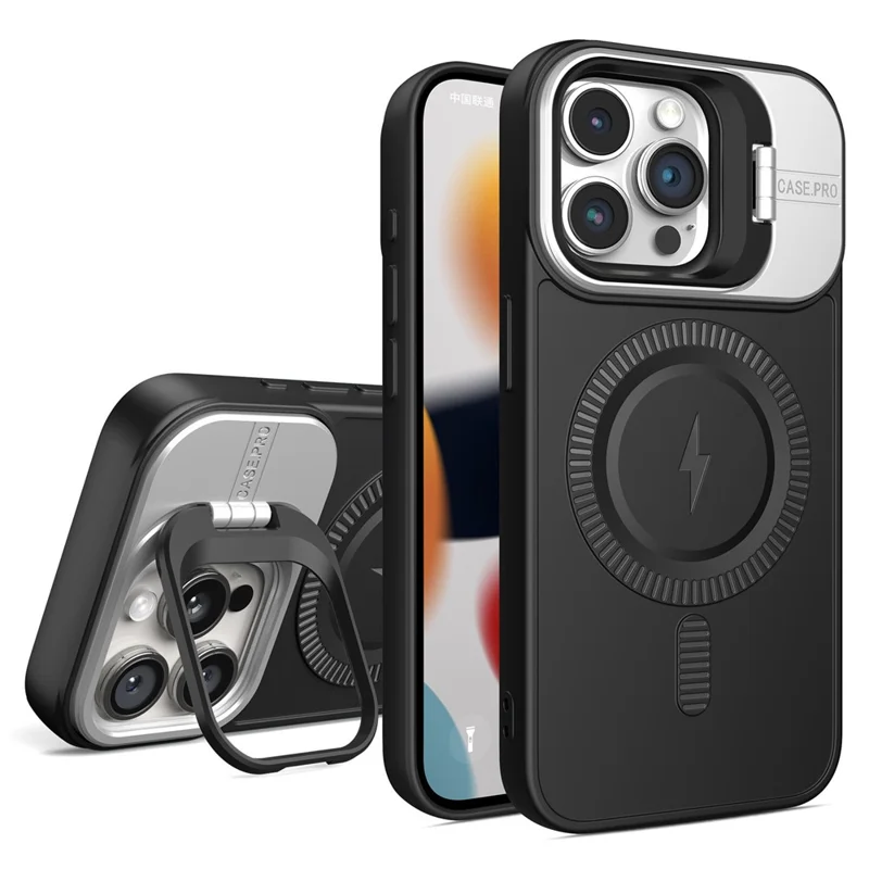 For iPhone 15 Pro Max Magnetic Case Lens Frame Kickstand PC+TPU Phone Cover - Black