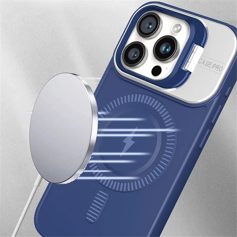 For iPhone 15 Pro Max Magnetic Case Lens Frame Kickstand PC+TPU Phone Cover - Black