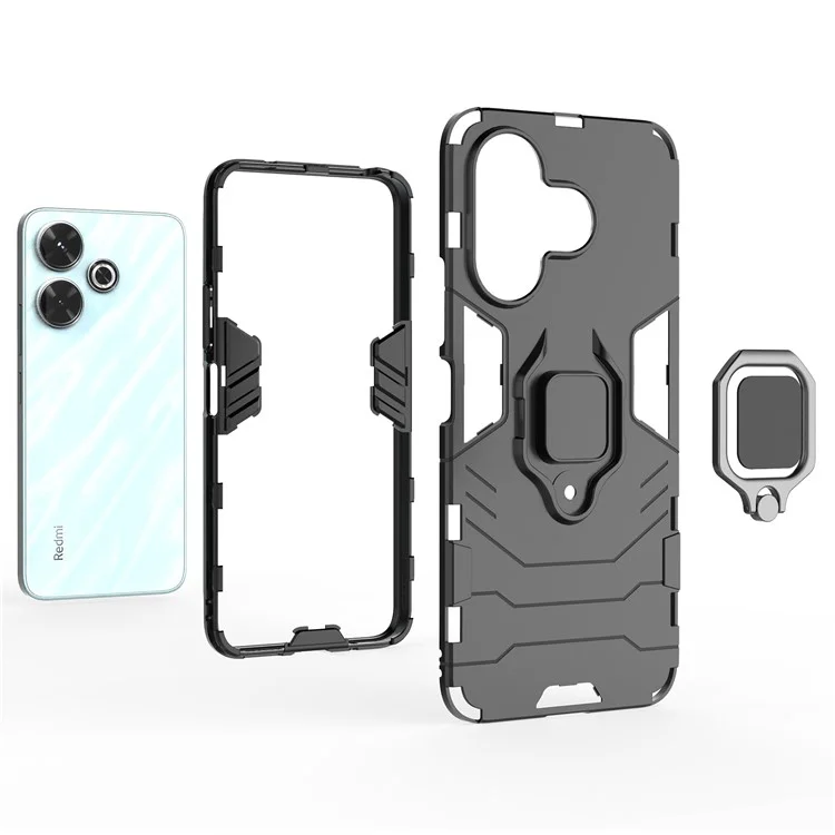 For Xiaomi Redmi 13 5G / 13 4G Case Armor  PC+TPU Phone Cover with Ring Kickstand - Black