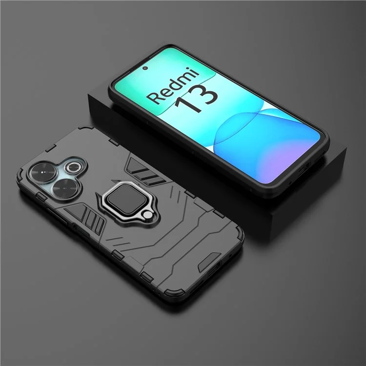For Xiaomi Redmi 13 5G / 13 4G Case Armor  PC+TPU Phone Cover with Ring Kickstand - Black