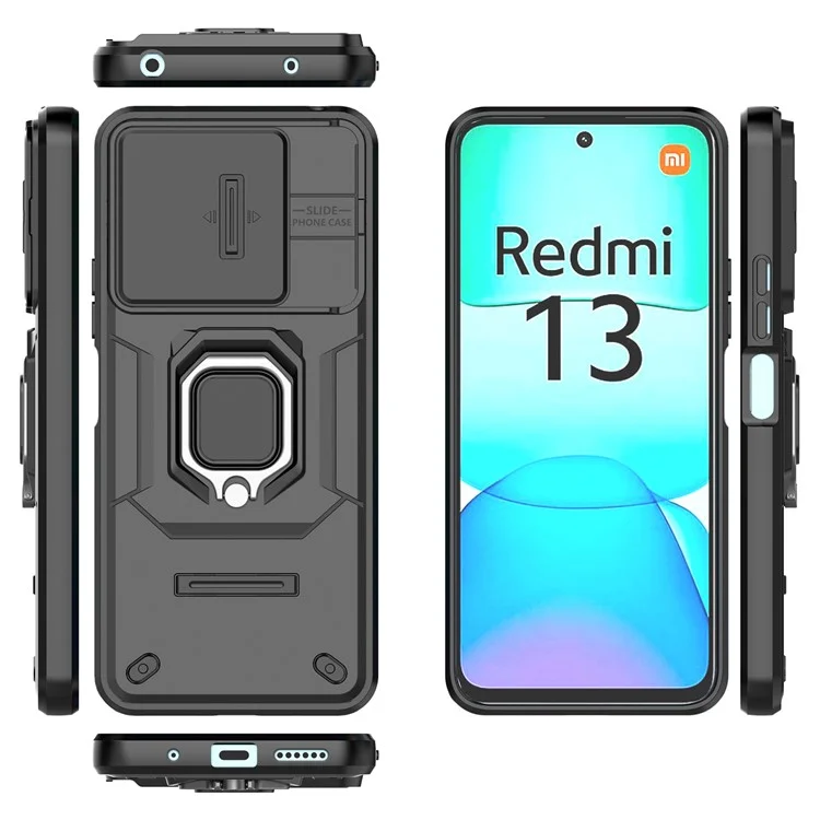 Für Xiaomi Redmi 13 5G / 13 4G Hülle Camshield Kickstand PC+TPU Handyhülle - Schwarz