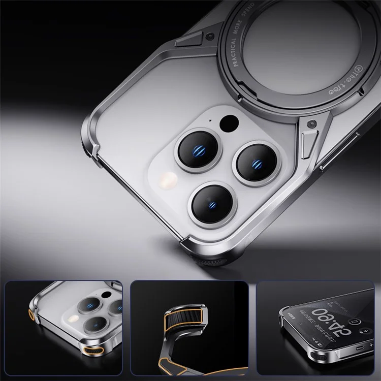 Para iPhone 15 Pro / 14 Pro / 13 Pro Bumper Case Aleación de Aluminio Borde Sin Borde Cubierta de Teléfono Soporte - Gris
