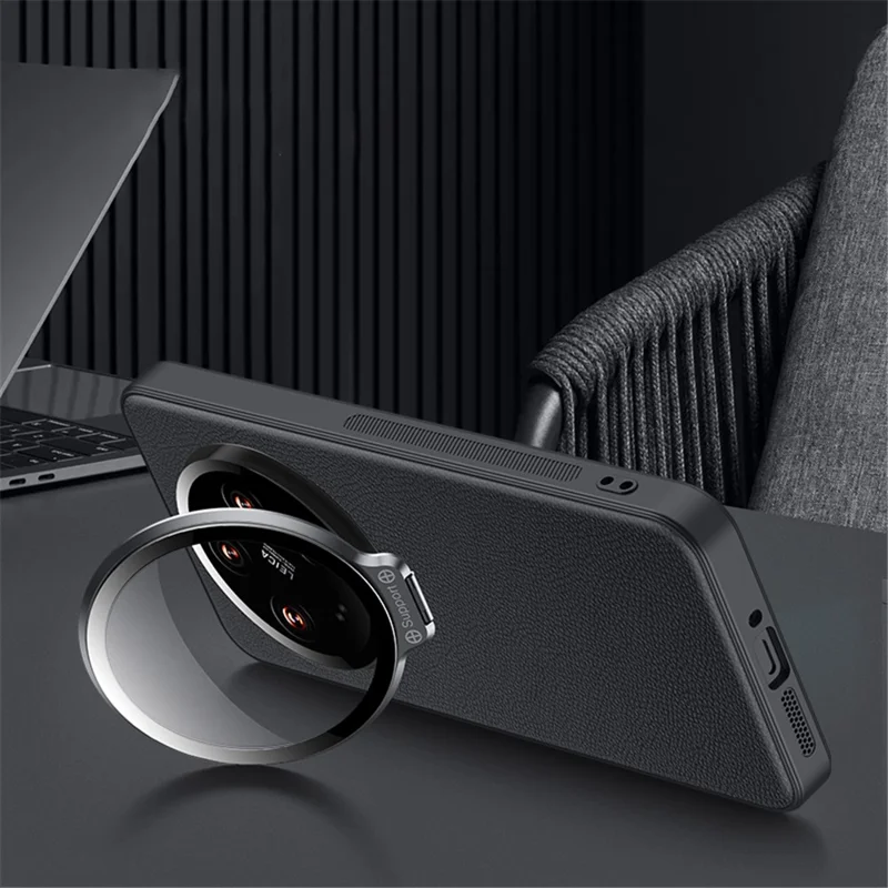 Para Xiaomi 14 Ultra Case com Quadro de Lente Suporte Capa de Couro PU + TPU + PC Magnética - Titânio Dourado