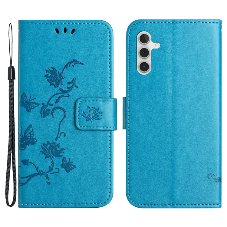 Para Samsung Galaxy S24 FE Case Leather Phone Cover Butterfly Flower Pattern - Blue