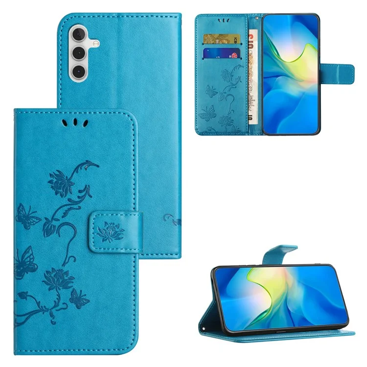 Para Samsung Galaxy S24 FE Case Leather Phone Cover Butterfly Flower Pattern - Blue