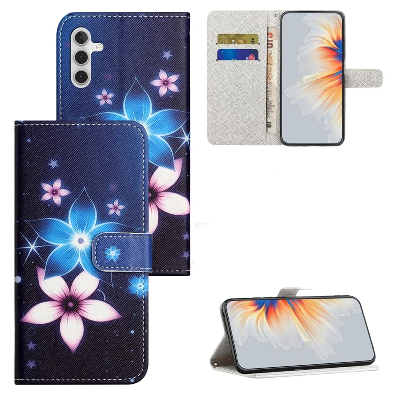 For Samsung Galaxy S24 FE Case Leather Phone Cover Cross Texture Pattern Printing - Blue Flower