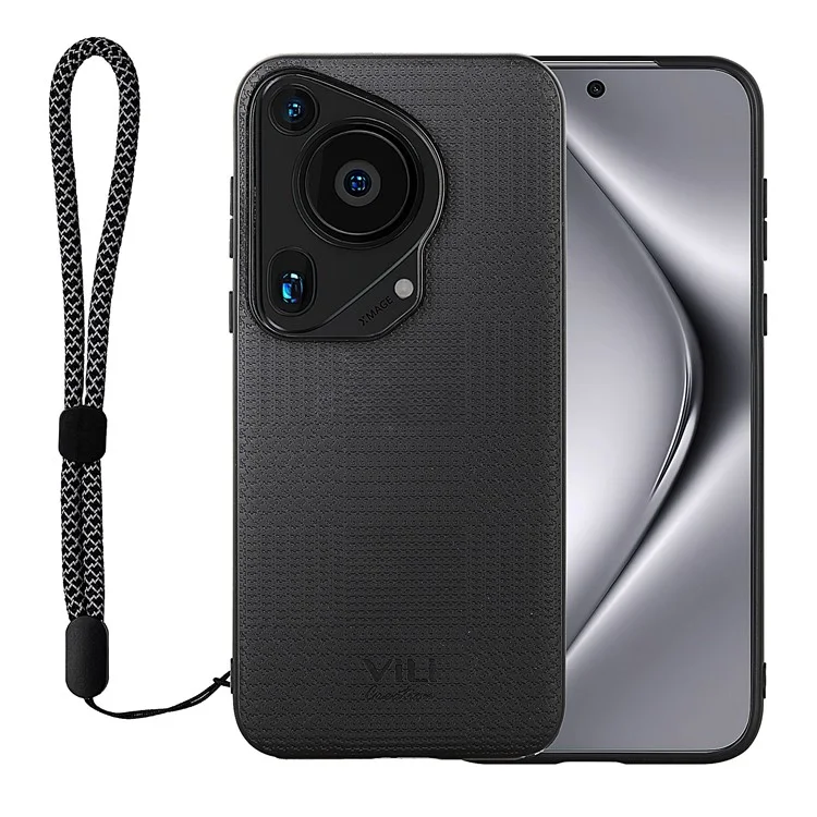 VILI TH Series for Huawei Pura 70 Ultra Case with Hand Strap Leather Coated PC+TPU Cover - Black
