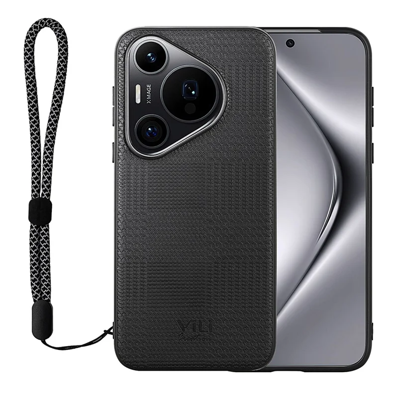 VILI TH Series for Huawei Pura 70 Pro / 70 Pro+ Slim Case PU+PC+TPU Phone Cover with Wrist Strap - Black