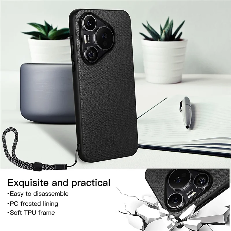 VILI TH Series for Huawei Pura 70 Pro / 70 Pro+ Slim Case PU+PC+TPU Phone Cover with Wrist Strap - Black