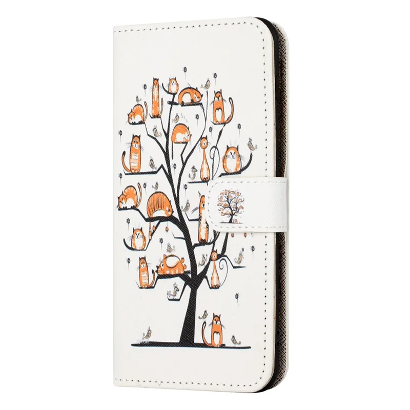 For Motorola Moto E14 4G / G04 4G / G04s 4G / G24 4G Case Leather Phone Cover Cross Texture Pattern Printing - Cat and Tree