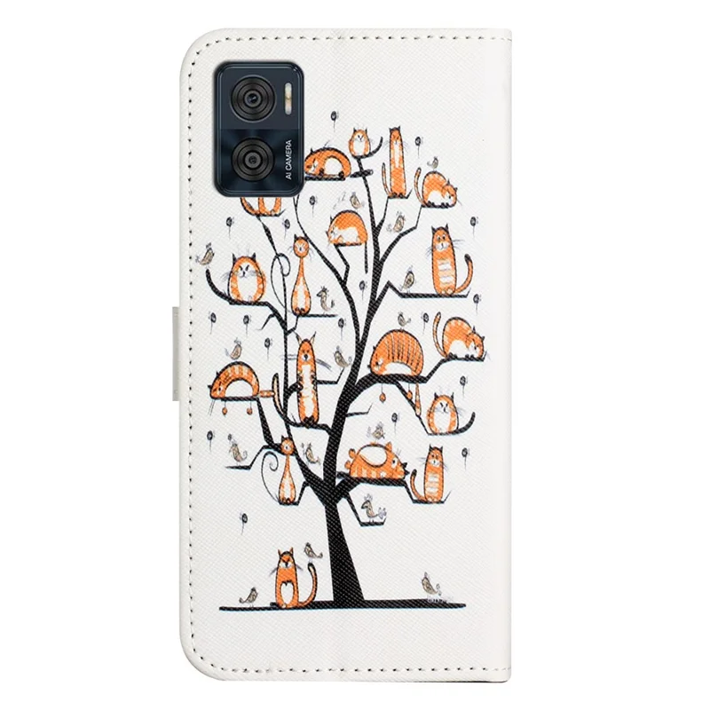 For Motorola Moto E14 4G / G04 4G / G04s 4G / G24 4G Case Leather Phone Cover Cross Texture Pattern Printing - Cat and Tree