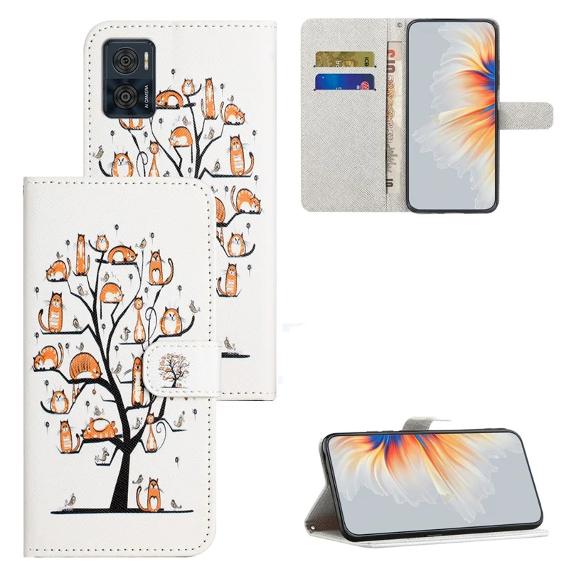 For Motorola Moto E14 4G / G04 4G / G04s 4G / G24 4G Case Leather Phone Cover Cross Texture Pattern Printing - Cat and Tree