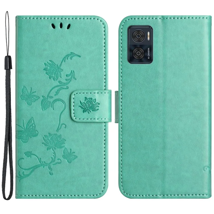Per Motorola Moto E14 4G / G04 4G / G04s 4G / G24 4G Custodia Portafoglio in Pelle Farfalla Fiore - Ciano