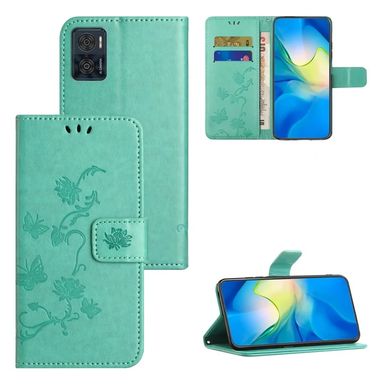 Per Motorola Moto E14 4G / G04 4G / G04s 4G / G24 4G Custodia Portafoglio in Pelle Farfalla Fiore - Ciano