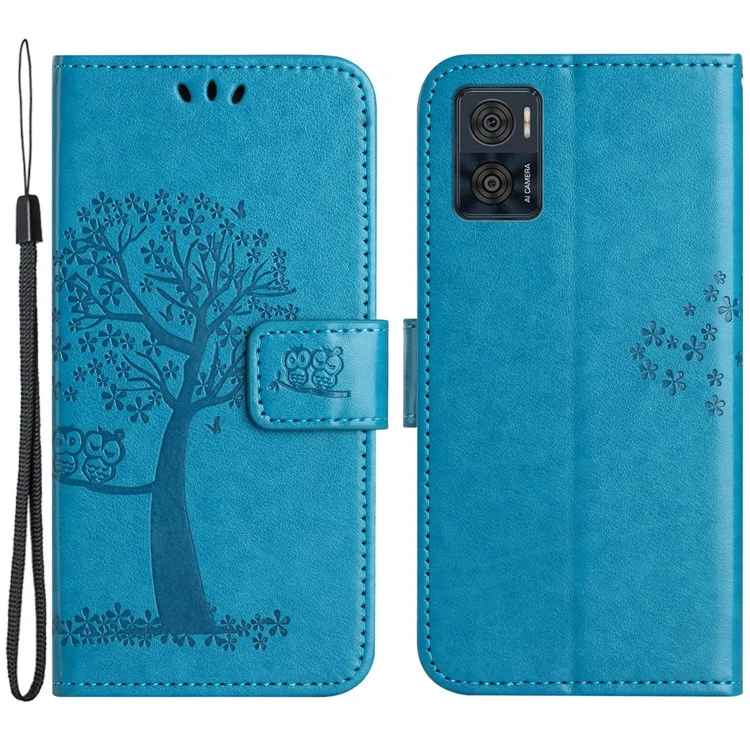 Per Motorola Moto E14 4G / G04 4G / G04s 4G / G24 4G Case PU Pelle Custodia Telefono Motivo Gufo e Albero - Blu