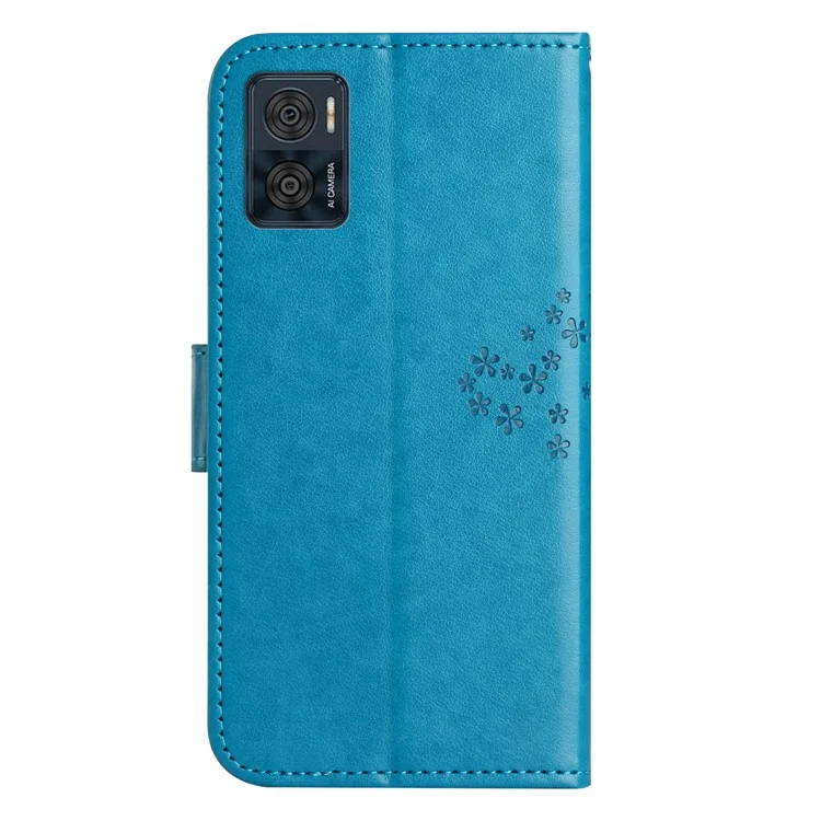 Per Motorola Moto E14 4G / G04 4G / G04s 4G / G24 4G Case PU Pelle Custodia Telefono Motivo Gufo e Albero - Blu