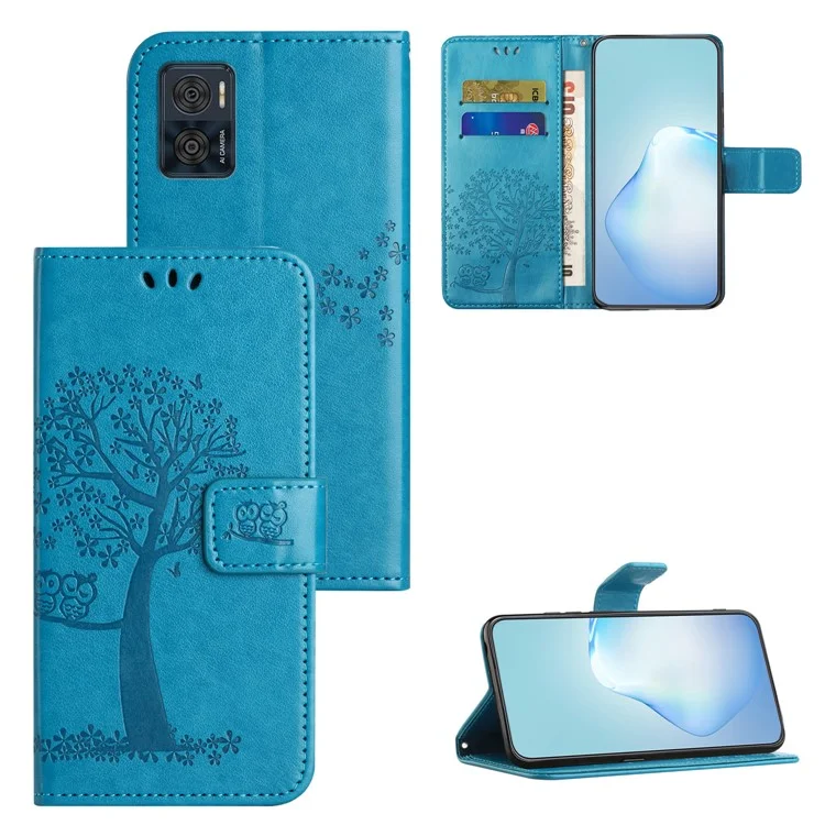 Per Motorola Moto E14 4G / G04 4G / G04s 4G / G24 4G Case PU Pelle Custodia Telefono Motivo Gufo e Albero - Blu