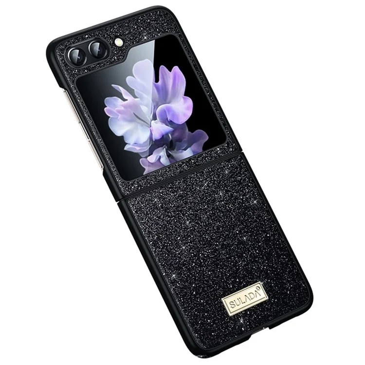 SULADA Para Samsung Galaxy Z Flip6 5G Case Glitter Sequins Leather Coated PC + TPU Cover - Preto