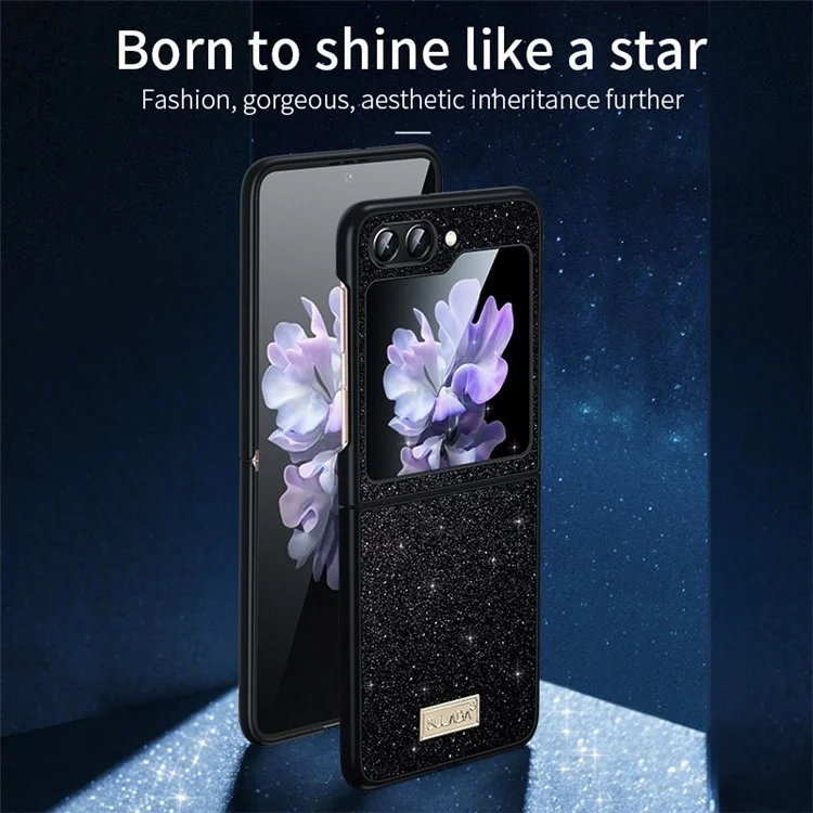 SULADA Para Samsung Galaxy Z Flip6 5G Case Glitter Sequins Leather Coated PC + TPU Cover - Preto