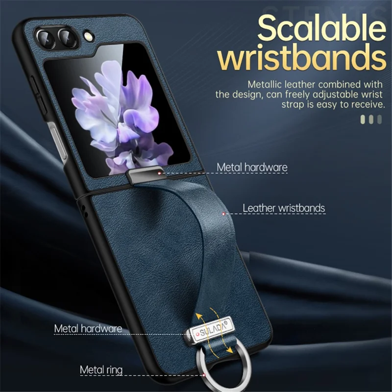 SULADA Fashion Series для Samsung Galaxy Z Flip6 5G Чехол с ремешком-подставкой из кожи + ПК - Синий