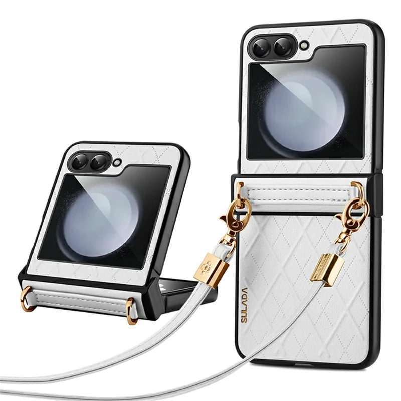 SULADA For Samsung Galaxy Z Flip7 FE 5G / Z Flip6 5G Case Rhombus Leather+PC Phone Cover with Shoulder Strap - White